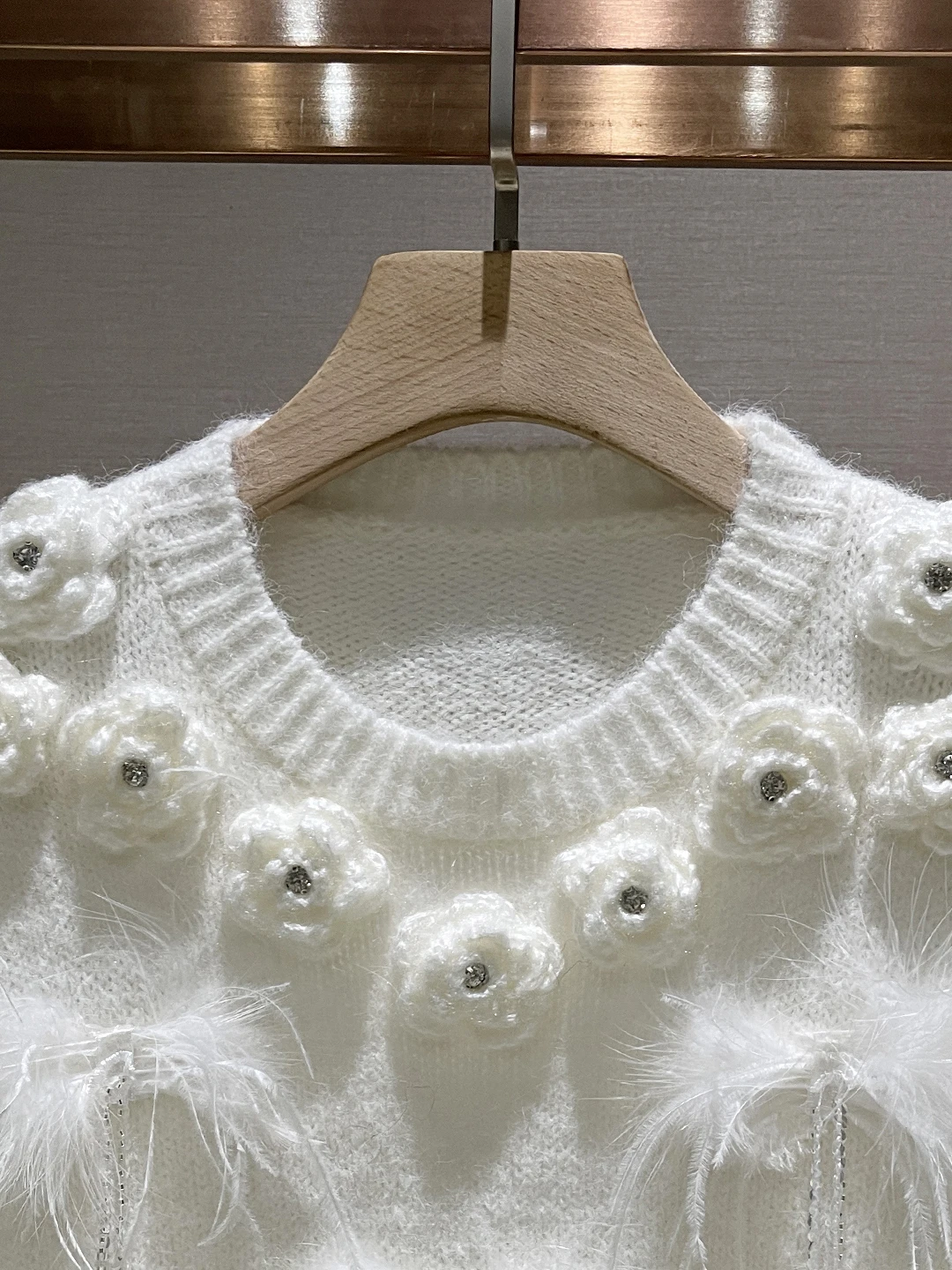 Lace Splicing Knitted Sweater Women's Casual Sle Long Sve round Ne Feather Flower Patterned White Overhead Knitwear