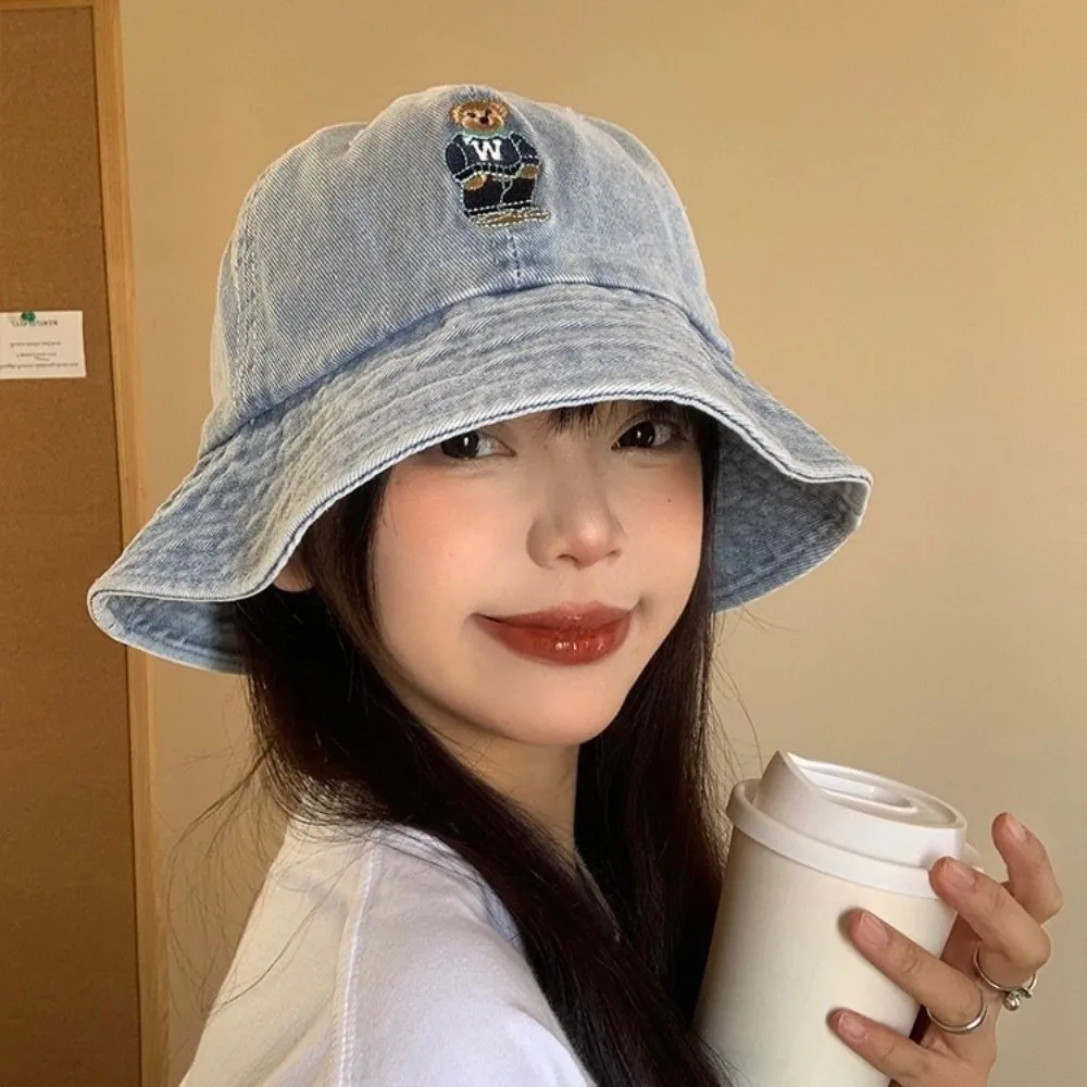 

Fashion Korean Denim Bucket Cap Versatile Bear Embroidered Denim Fishing Cap Y2k Sweet Sun Protection Hat Female