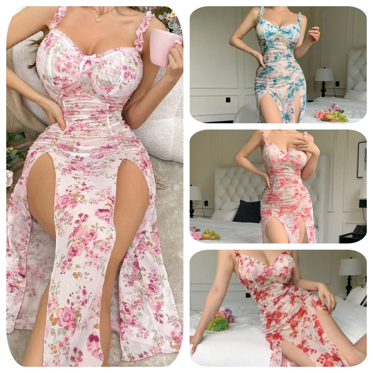 

Sexy Lingerie Women's Printed Dress Sexy Open-Back Sexy Dress High Slit Babydoll High Suspender Erotic Nightgown for Women