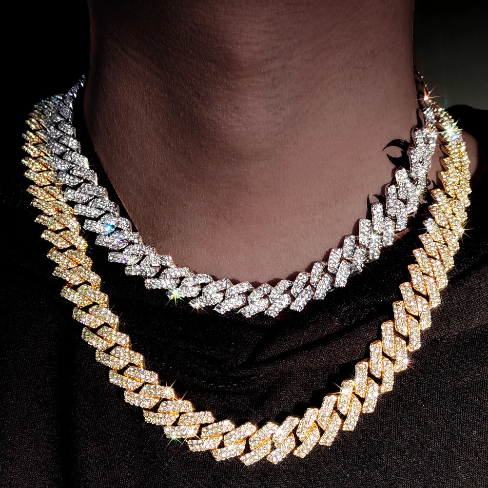 14/20MM Hip Hop Prong Cuban Link Chain Necklace for Women Bling Iced Out 2 Row Rhinestone Miami Rhombus Cuban Choker Jewelry