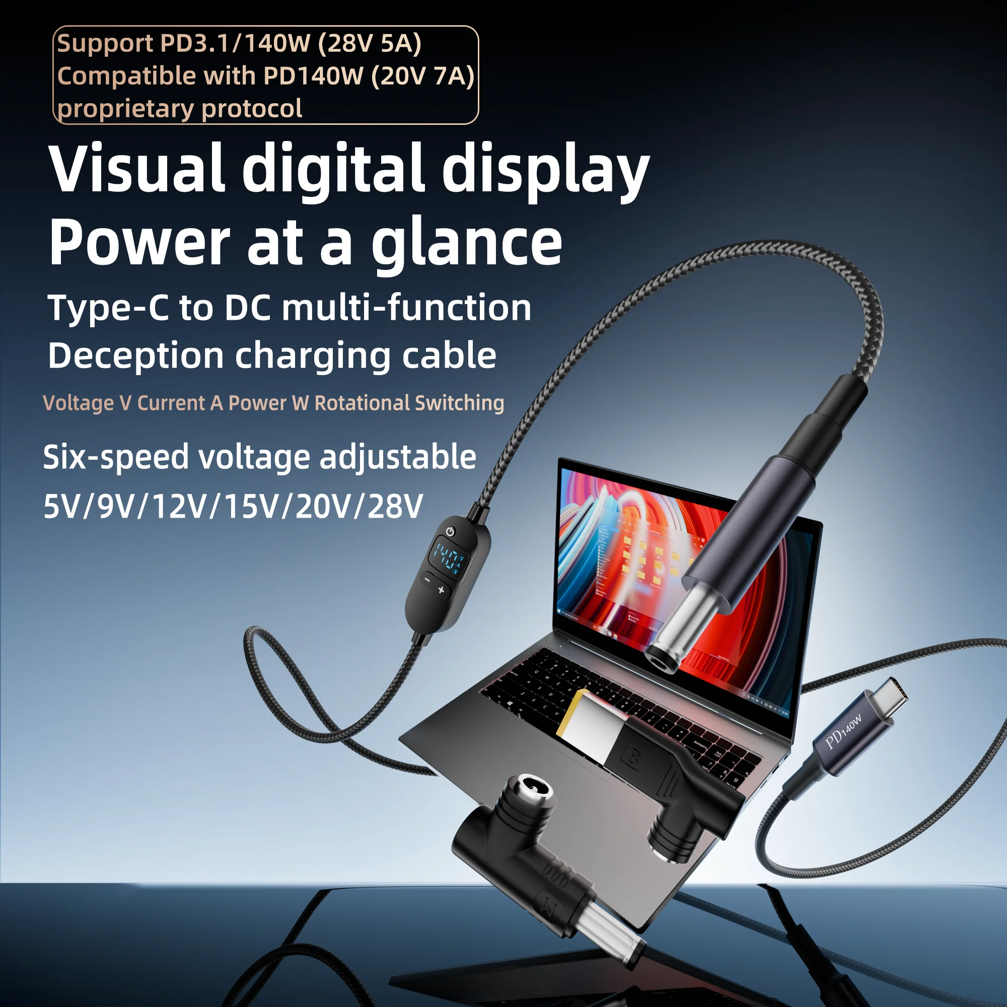 USB C إلى تيار مستمر كابل تعزيز الطاقة 140 واط نوع C إلى 5 فولت 9 فولت 12 فولت 15 فولت 20 فولت 28 فولت قابل للتعديل الجهد محول موصل الحبل لجهاز توجيه الكمبيوتر المحمول