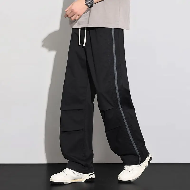 Men 100% Cotton Loose Straight Cargo Trousers Side Stripe Design Elastic Waist Casual Pants Fashion All-match Daily Street Workw