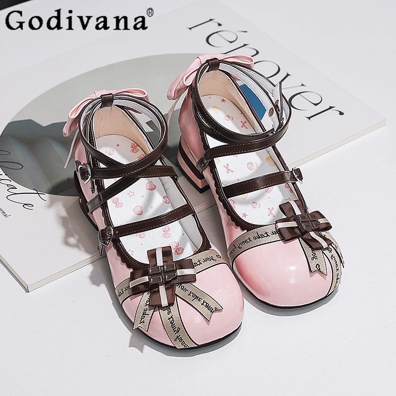Japanese Lolita Style Pink Mary Jane Shoes Autumn 2025 Sweet Girls Cute Bow Low Heels Shoes Princess Tea Party Lo Shoes Pumps