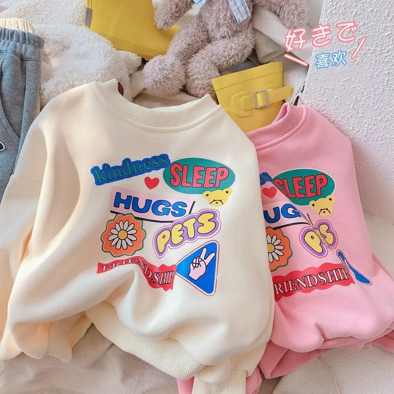 Girls' Fleece Pullover 2026 Autumn/Winter New Style Children's Simple Letter Print Casual Hooded Top - Warm And Versatile Piece