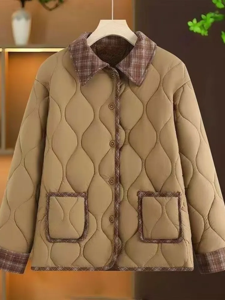 

Faionable Light Weight Warm Cotton Jaet Women's Winter Loose Comfortable All Match Mommy Sle Turn Collar Diamond Pattern