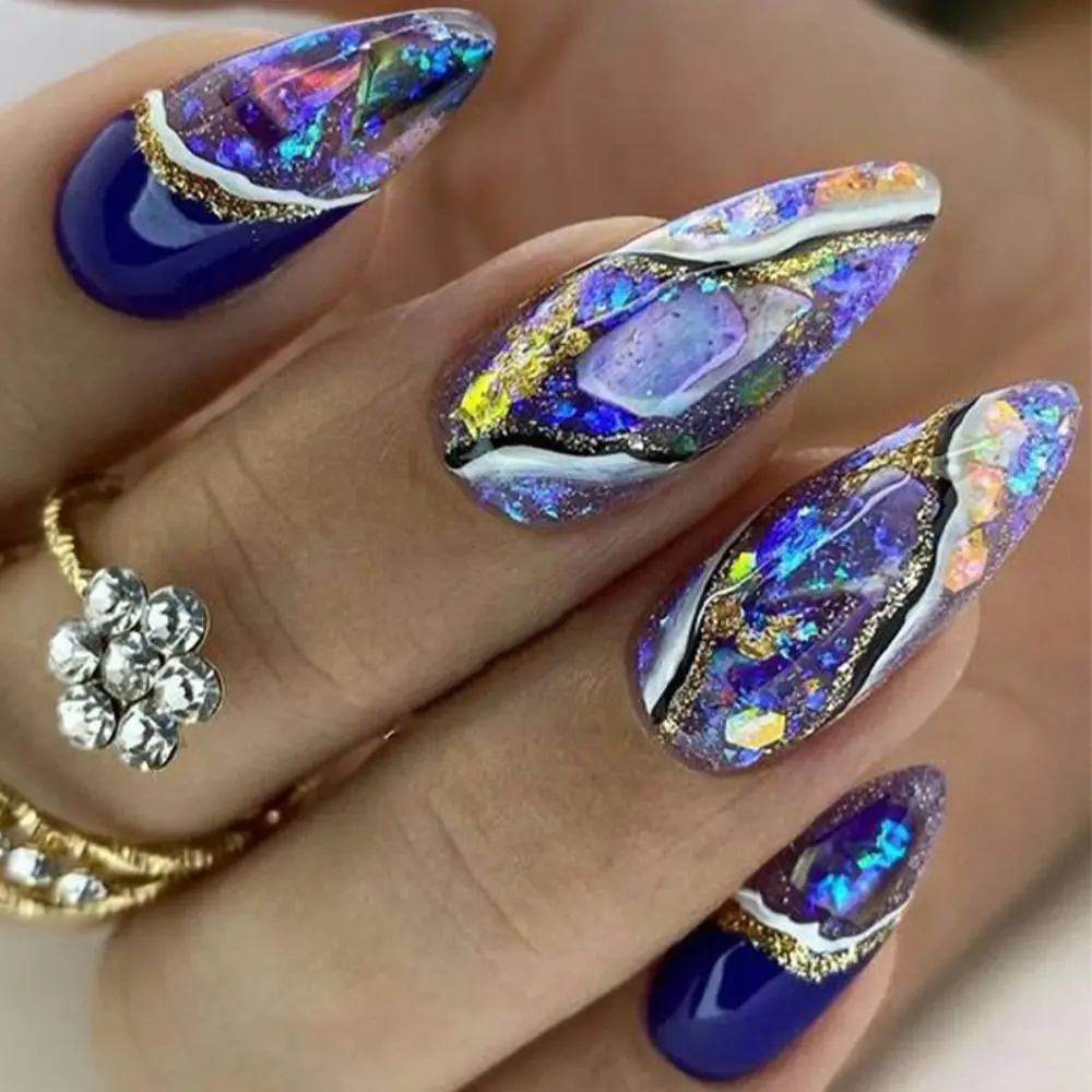 Zarte abs Frauen gefälschte Nägel farbige Zeichnung Fleck lange falsche Nägel elegante Glitzer Pulver gemalt Nail Art Frauen