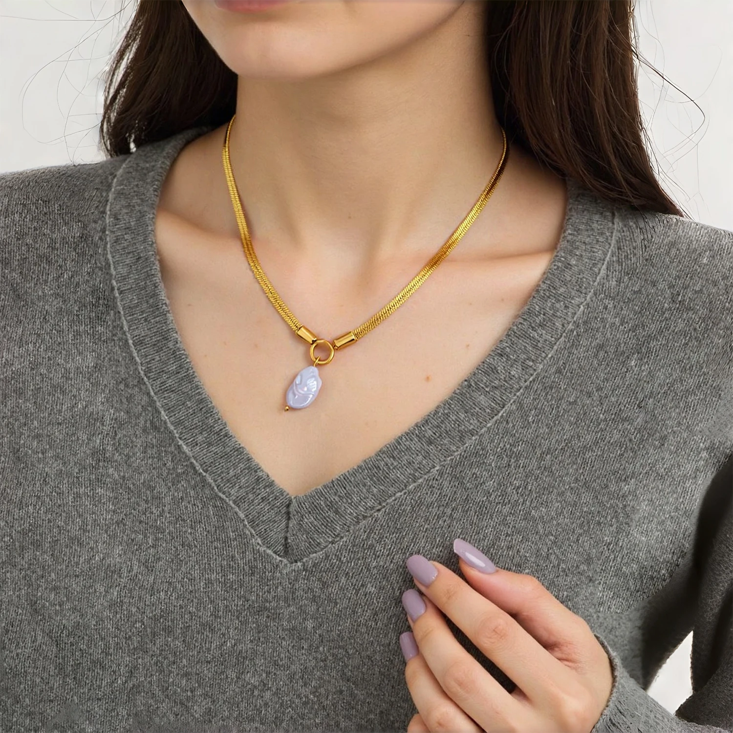 Baroque Pearl Pendant Necklace for Women Irregular Pearl with Flat Snake Chain 18K Gold Plated Stainless Steel Statement Jewelry