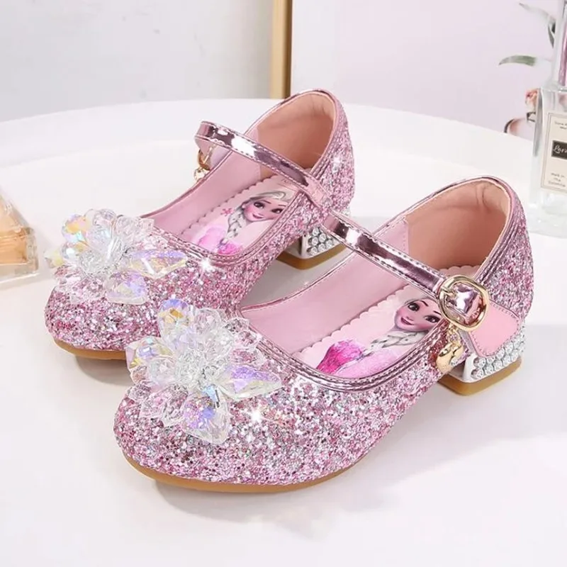 Chaussures à talons hauts pour petites filles, princesse Elsa de dessin animé Disney, à paillettes, mignonnes en cristal