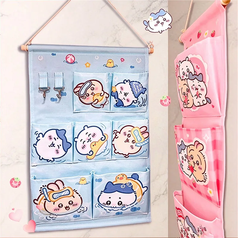 Chiikawa Hanging Storage Bag Kawaii Anime Usagi Hachiware Wall Organizer Multi Pocket Door Hanging Pouch Home Bedroom Decor Gift