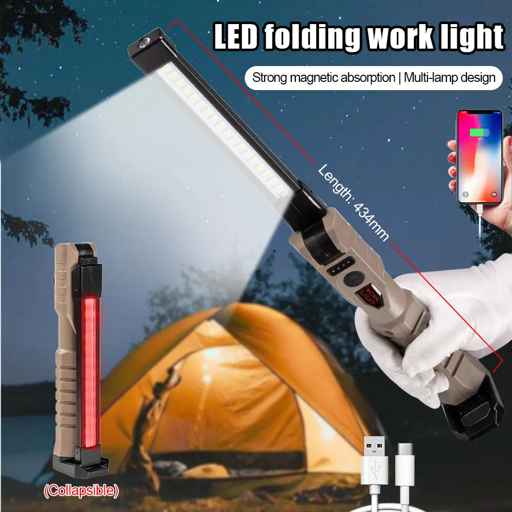 COB LED Folding Work Light USB Rechargeable Flashlight with Built-in Battery Pack FlashLight Multifunctional Camping Flashlight