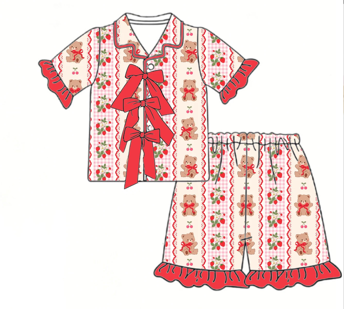 New Summer Strawberry Print Ruffled Bow Button Girls' Short-sleeved Shorts Boutique Pajama Set
