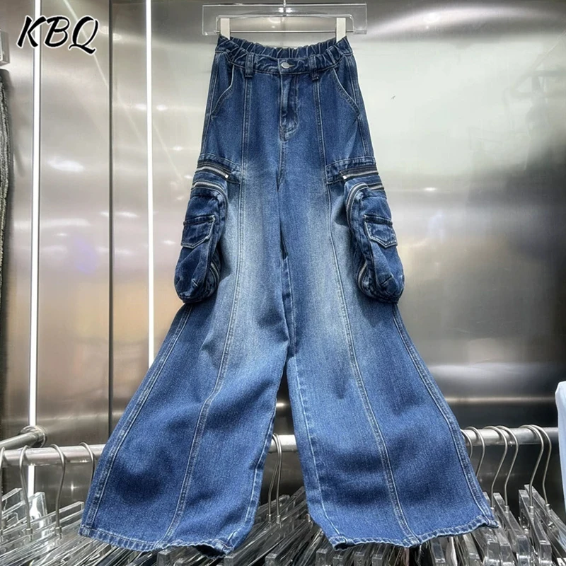 KBQ Patchwork Taschen High Street Lose Denim Hosen Für Frauen Hohe Taille Verstärktes Taste Mode Chic Gerade Hosen Weibliche