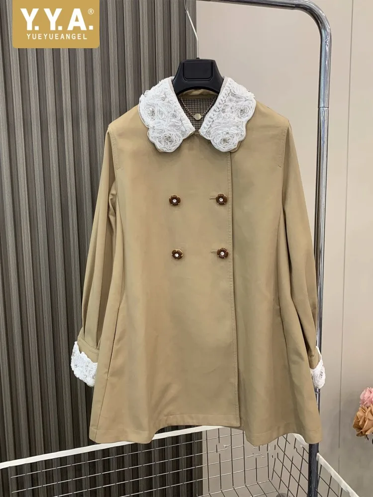 New Autumn Winter Womens Lace Doll Collar Loose Windbreaker Fashion Work Female Double Breasted Mid-length Coat Casual Jacket