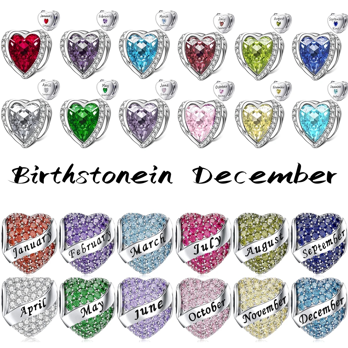 

New December Colored Zircon Ocean Heart Birth Stone S925 Silver Beads Fit for Bracelet Necklace DIY Birthday Party Gifts