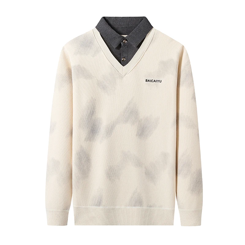 

Осенне-зимний мужской искусственный свитер из двух частей с толстым вязаным свитером и бархатным воротником рубашки, внутренний слой для тепла и основы