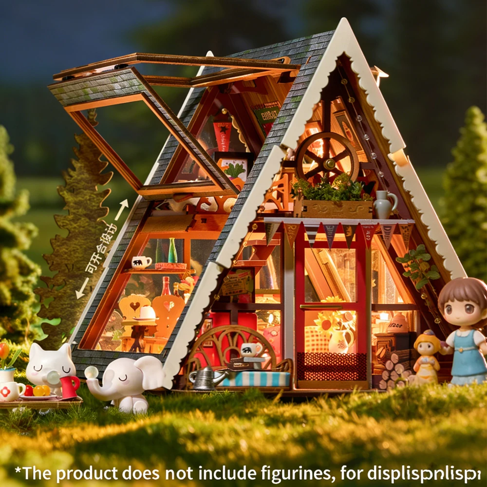 Triangular Wooden Cabin DIY Dollhouse Kit with LED Lights Mini Furniture Micro Scene Model Building Birthday Gift Kids Adults