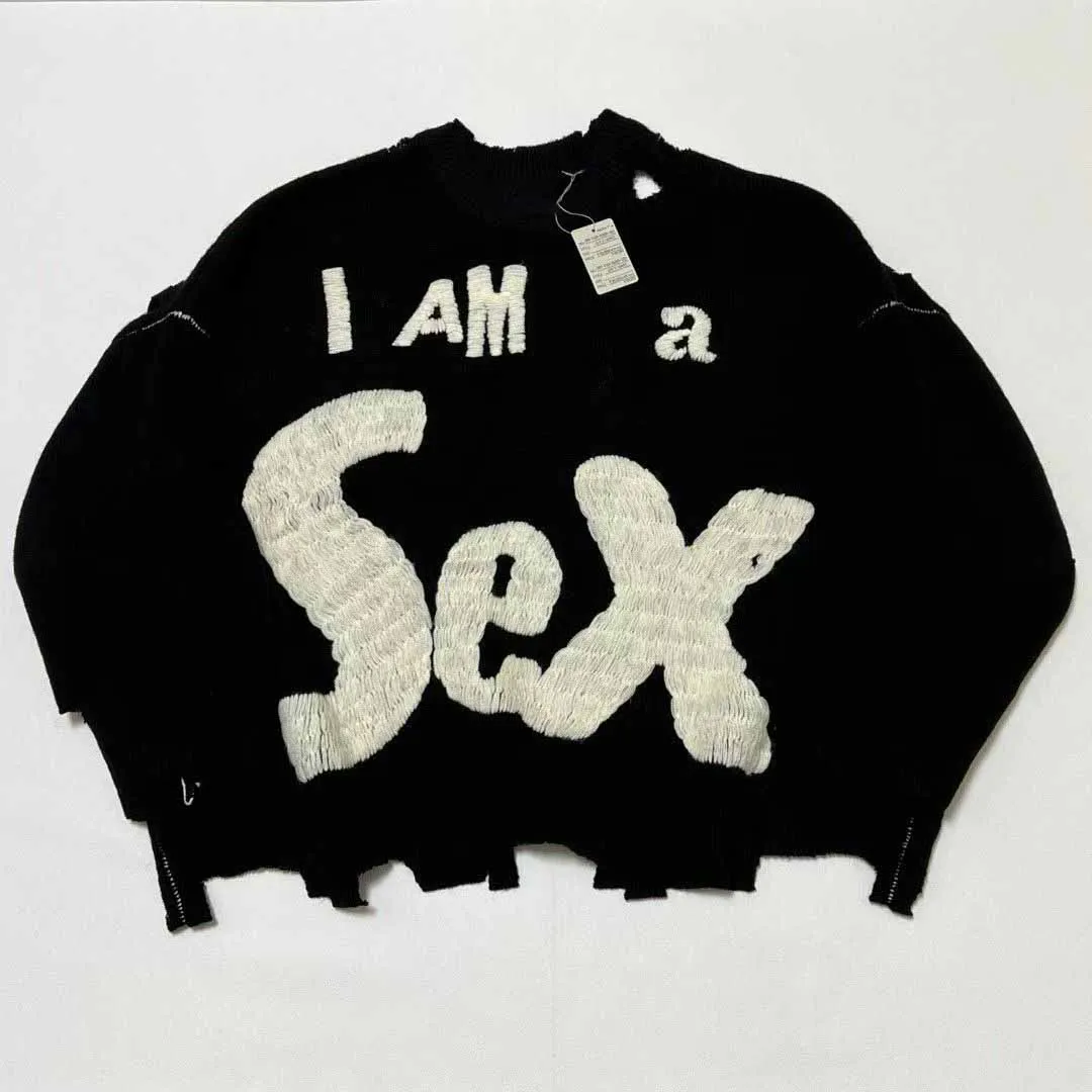 

Мужской рваный пуловер большого размера, удобный свободный крой, уличный сломанный трикотаж