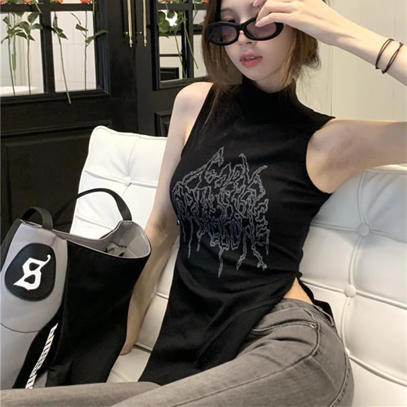 Gidyq Summer Fashion Printed T Shirts Women Casual Streetwear Slim Tops Y2K Female All Match Slit Sleeveless Tees