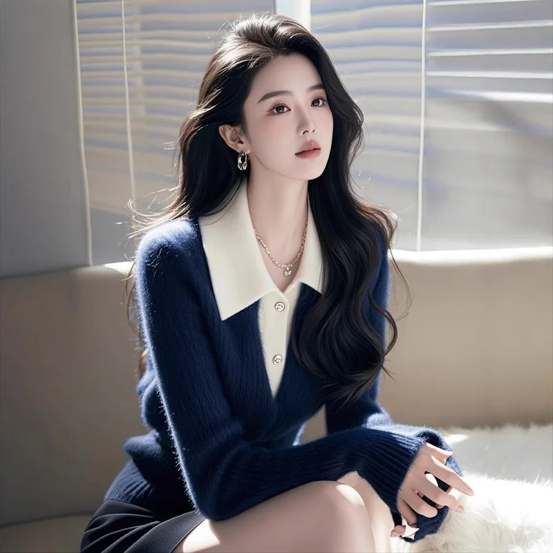 

Thiened Autumn Winter Women's Knitted Sweater Coat Outerwear Inner Match Fraance Sle Large Size Collar Long Sve