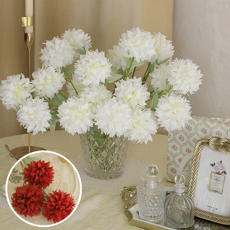 66cm Vintage 3 Head Chrysanthemum Simulation Flower White Ball Chrysanthemum Dandelion False Flower Bouquet Wedding Decoration