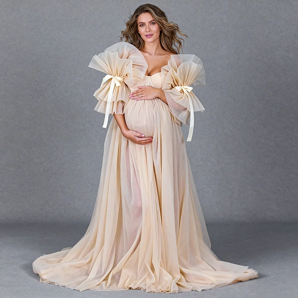 

Maternity Photoshoot Dresses Sweetheart Tulle Ruffle Sleeves Dress for Pregnant Women Baby Shower Dress for Pregnant Woman YW512