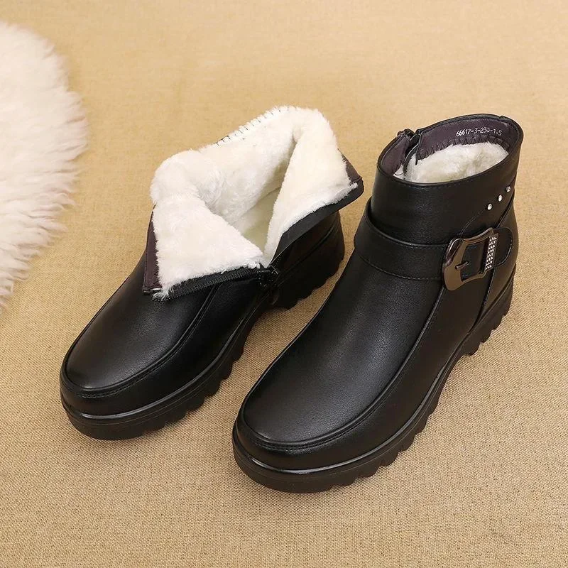 Winter Women Leather Ankle Boots Female Thick Plush Warm Snow Boots Mother Waterproof Non-slip Booties Botas De Mujer 2024