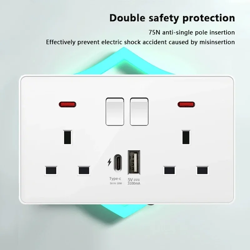 18W Type-C Plug Quick Charging Universal 5-pin Dual Power Socket,UK Standard 13A Wall Socket with DC 5V 3.1A Type-c USB Charger