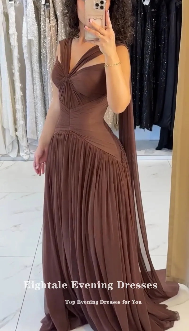 Eightale Arabic Evening Dress Halter Pleats Chiffon A-Liine Brown Muslim Sexy Prom Wedding Party Gown
