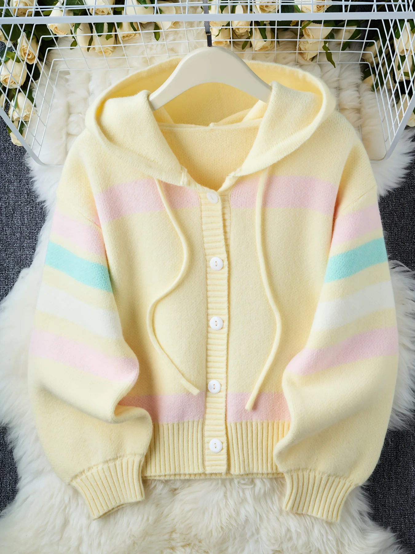 

Women's dopamine lazy style hooded knitted cardigan autumn winter sweet girl casual color clashing knitted sweater coat