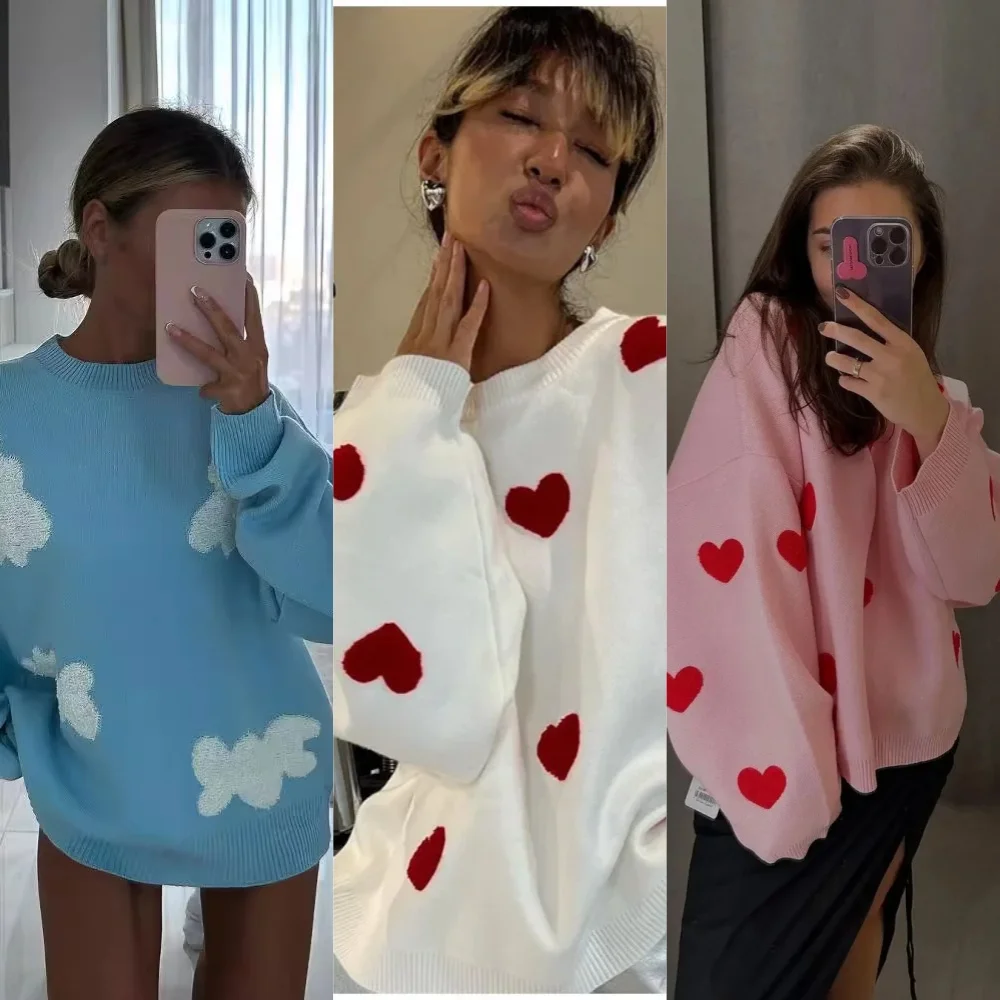 

2023, свитер с милым сердечком для женщин, модный милый винтажный свободный вязаный пуловер, трикотаж с длинным рукавом и круглым вырезом, женские шикарные женские топы
