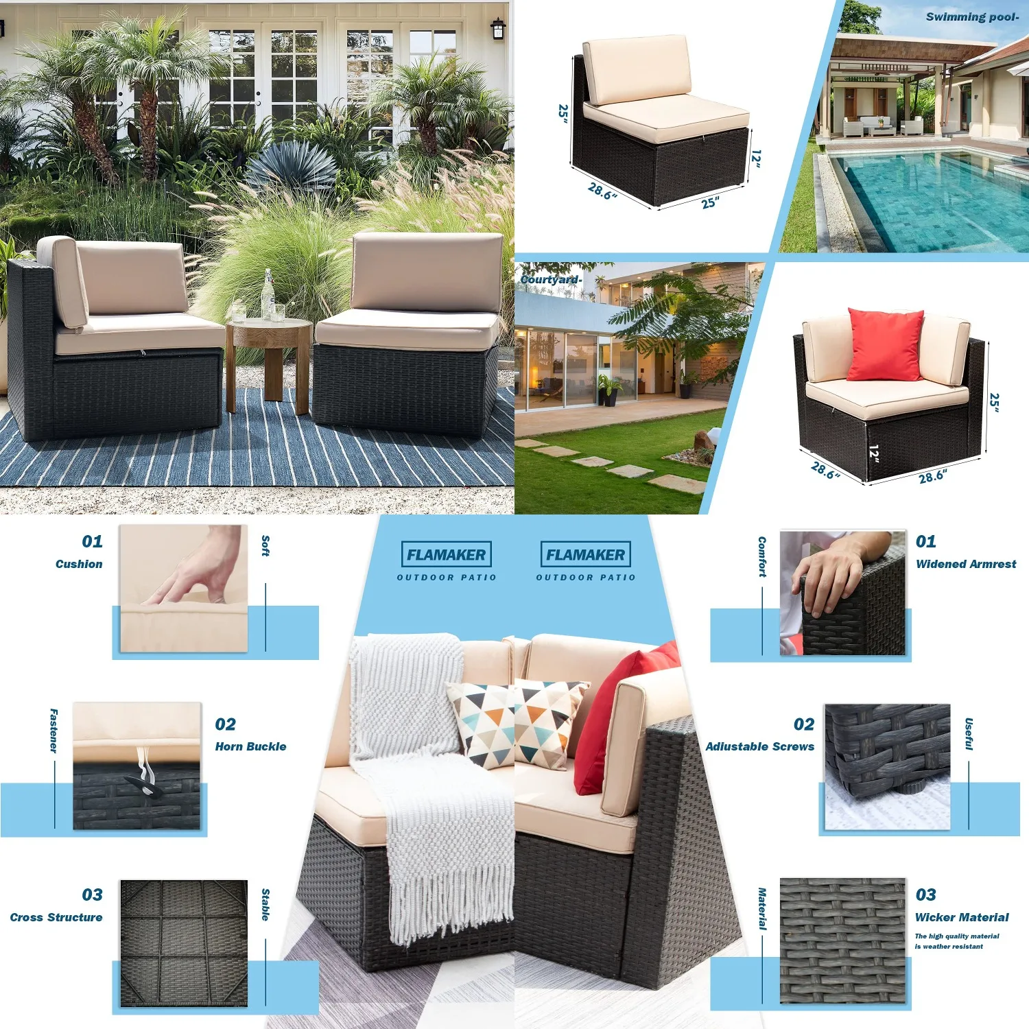 

2pc PE Rattan Loveseat Set All Weather Padded Cushion Corner Armless Outdoor Patio, Customized