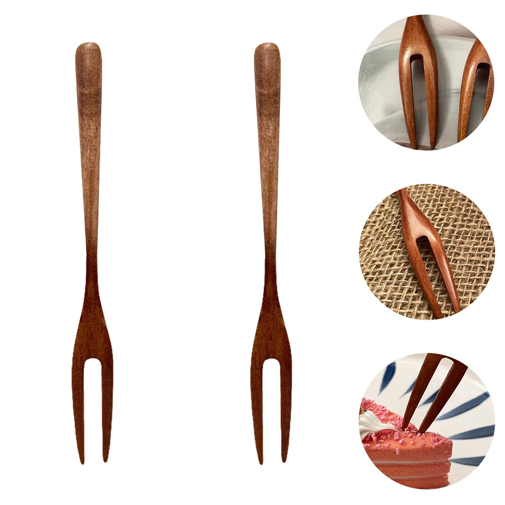 2 Pcs Two Tooth Fruit Picks Dinnerware Wooden Fork Olives Sandwiches Dessert Mini Tasting Forks Baby Buffet Serving Utensils