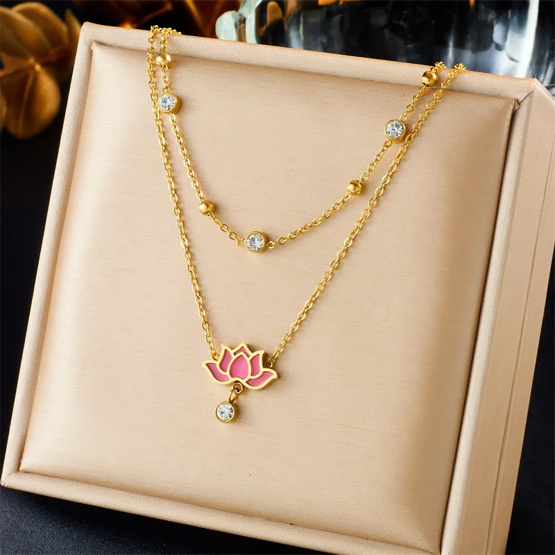 Wholesale 316L Stainless Steel Gold Color Romantic Pink Lotus Pendant Necklace For Women Party Accessories Love Friendship Gift