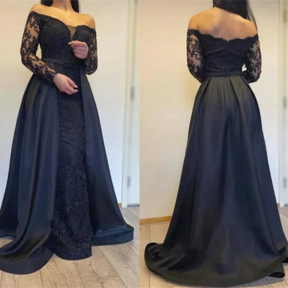 Classic Black Lace Evening Dresses Retro Long Sleeves Off The Shoulder Dubai Prom Formal Gowns Celebrity Robe De Soiree 2024