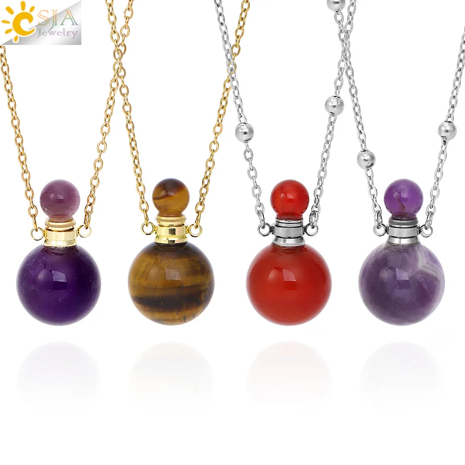 CSJA Natural Stone Perfume Necklace Round Crystal Pendant Reiki Essential Oil Diffuser Bottle Charm Necklaces Men Women H890