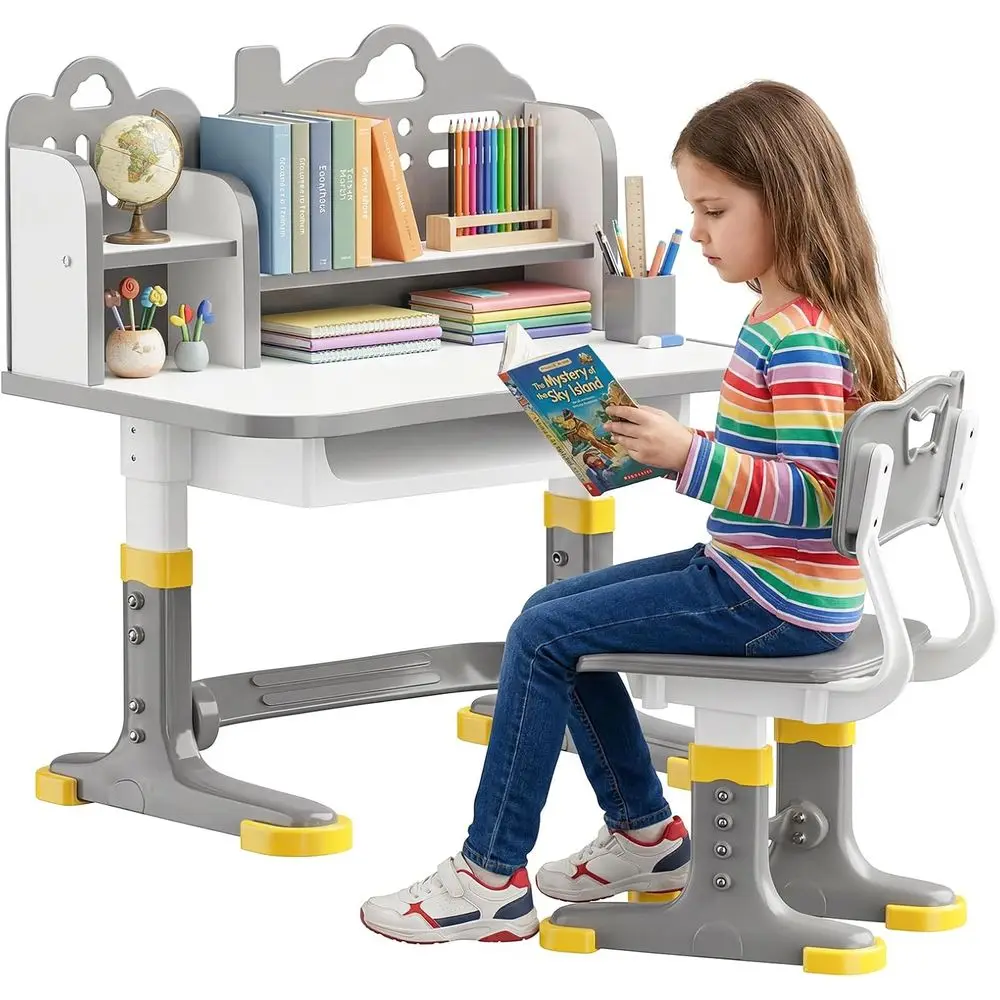 

Height-Adjustable Ergonomic Desk and Chair Set for Kids Ages 3-12, with Storage and Bookshelf, Suitable for Studying, Homework,