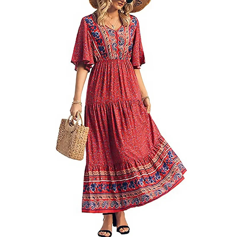 

Summer New Beach Dress Women Seaside Style Short Flare Sleeves Bohemian Dress Vacation Big Swing Loose A Line Printed Dress