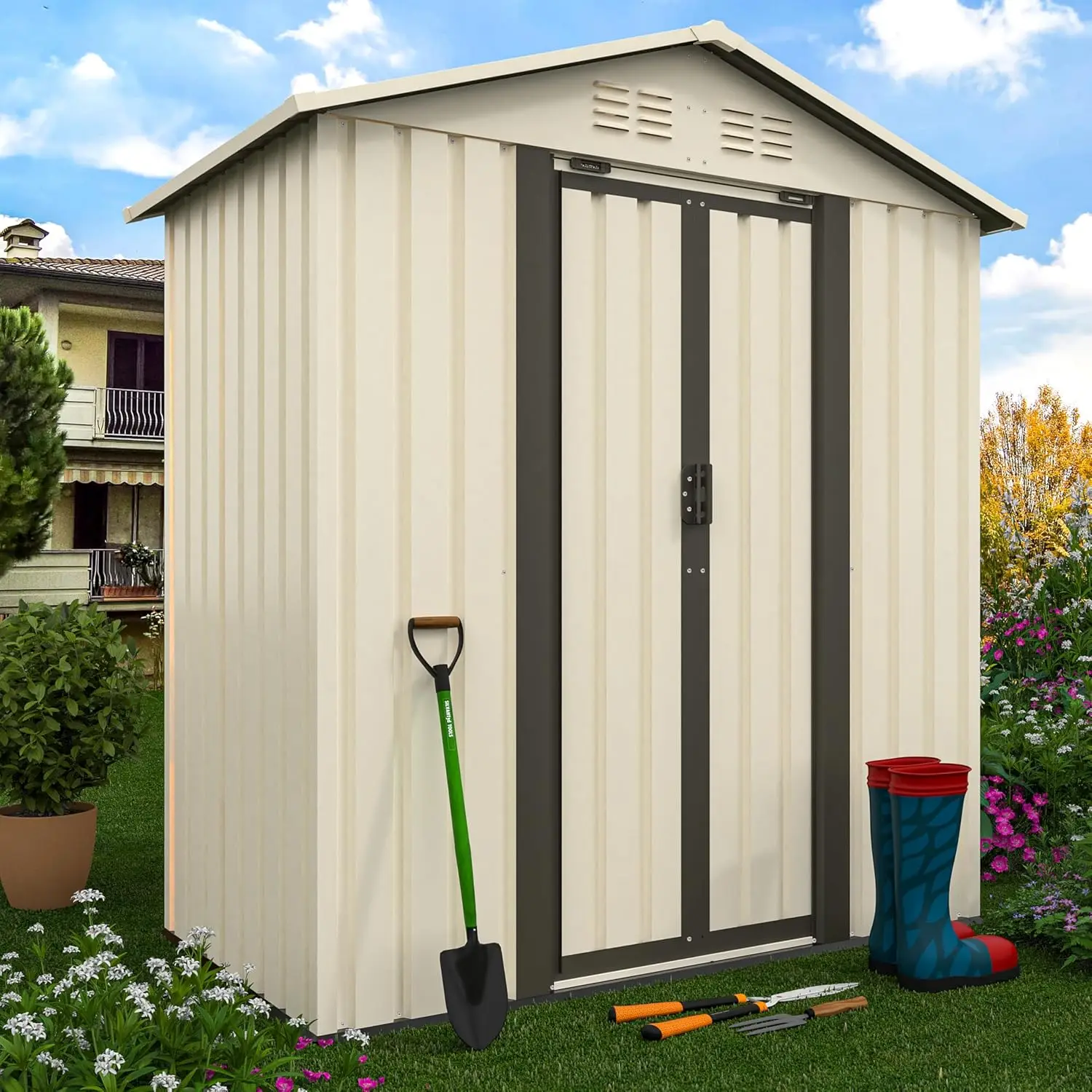 

5x3FT Metal Outdoor Storage Shed Aluminum Alloy Frame Lockable Sliding Doors & Vents Waterproof Backyard Lawn Customized
