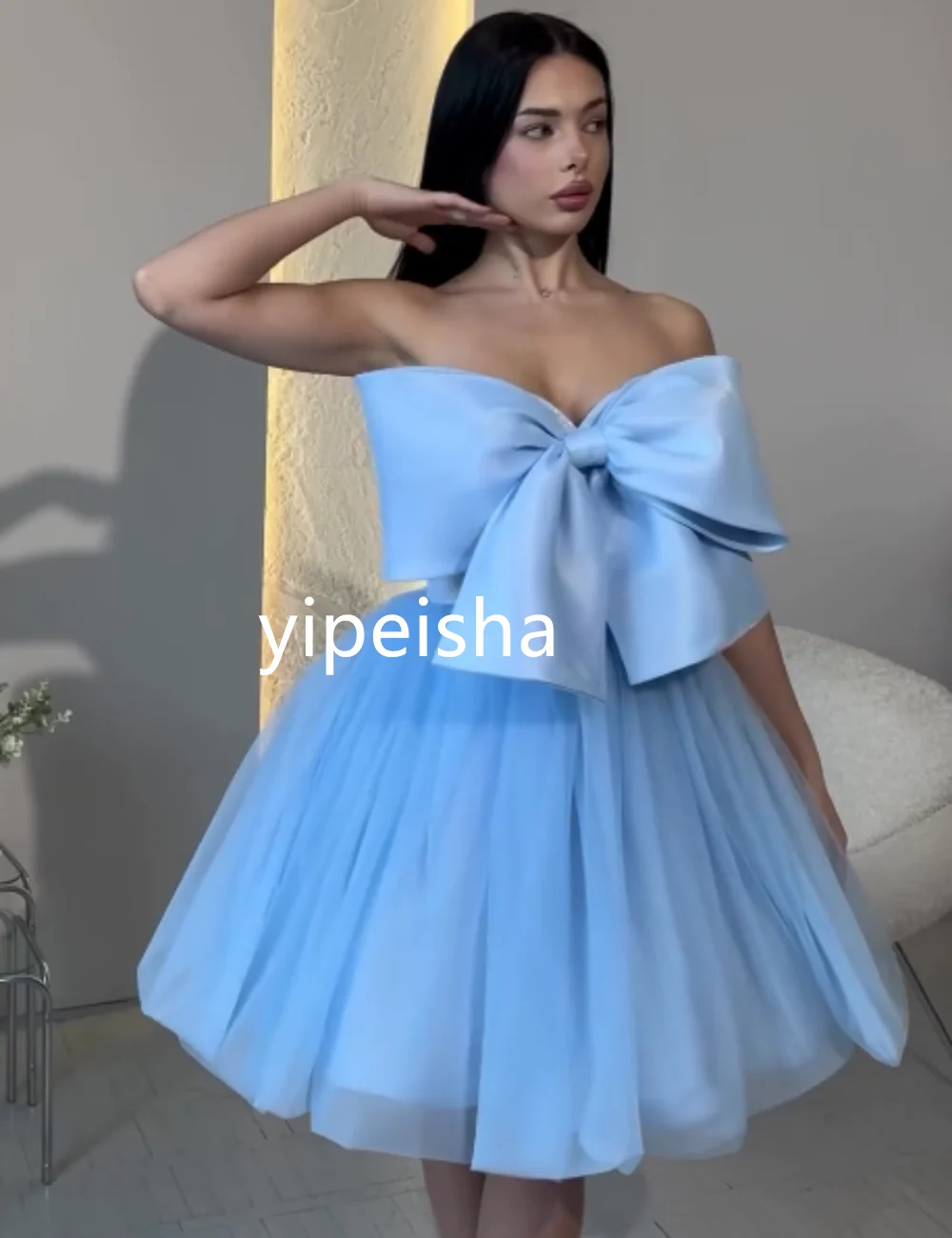 Customized Classic Net Bow A-line Strapless Short Dresses Homecoming  Exquisite Modern Style Pastrol Unisex Chinese 