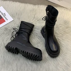 Soft Leather Thick Sole Women's Boots New Short Boots Women's Shoes Side Zipper Rider Boots Back Lace-Up Middle Boots