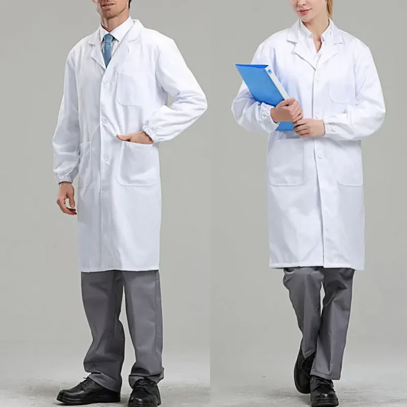 Blouse de laboratoire blanche à manches longues unisexe, col à revers cranté, tunique d'infirmière médicale boutonnée, uniforme de médecin, chemisier unisexe