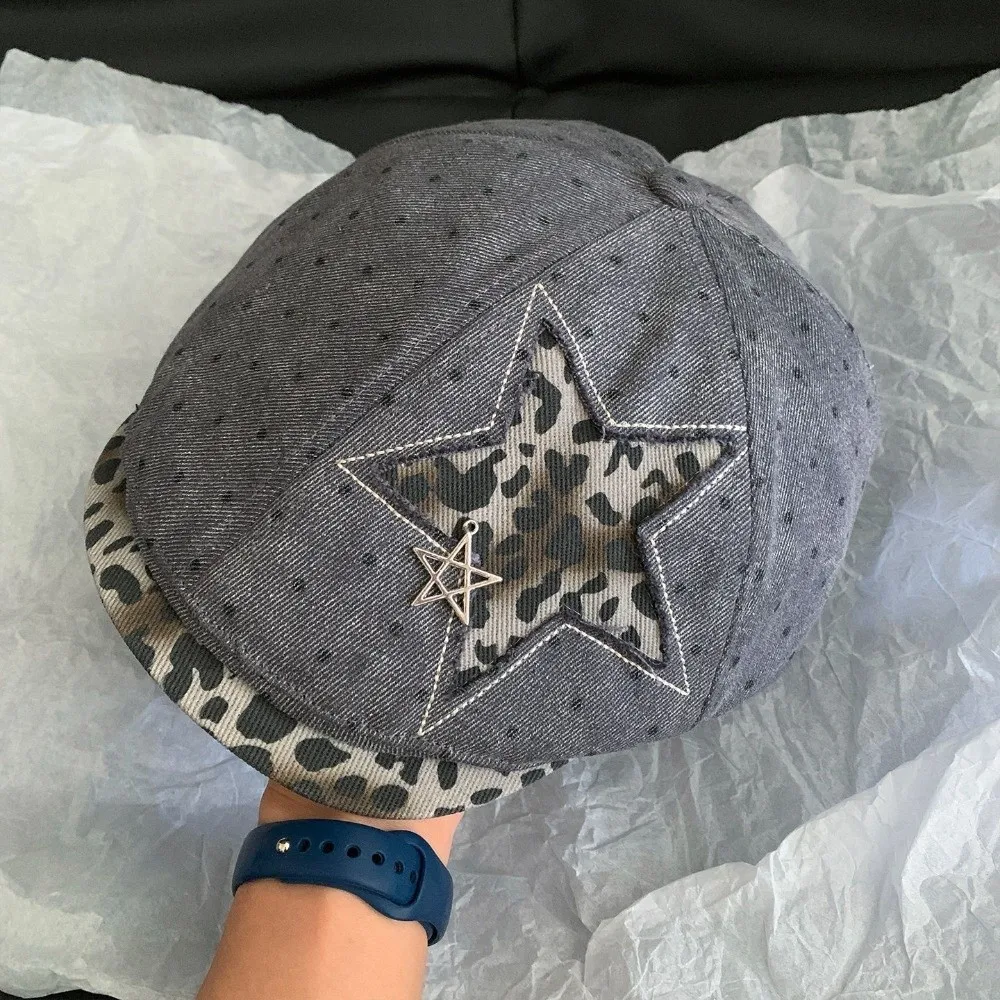 New Star Leopard Print Beret Adjustable Polka Dot Newsboy Forward Cap Y2K Duckbill Soft Baseball Hat Daily Wear