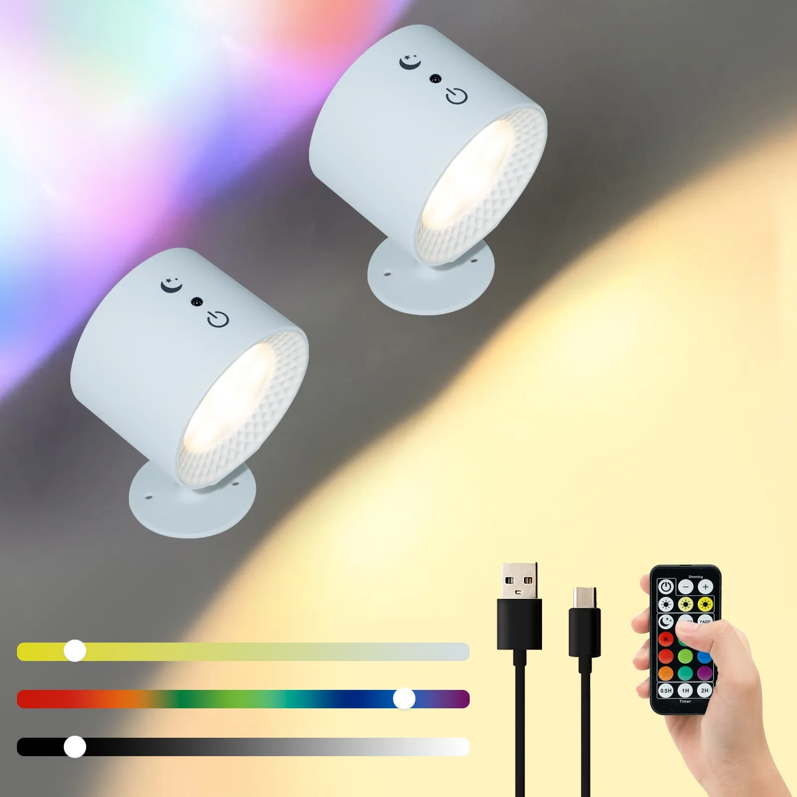 12 Color Wall Lamp Wireles Touch Remote Control 360° Rotate Night RGB LED Lights Up Down Reading Bedroom Lamp Decor Rechargeable