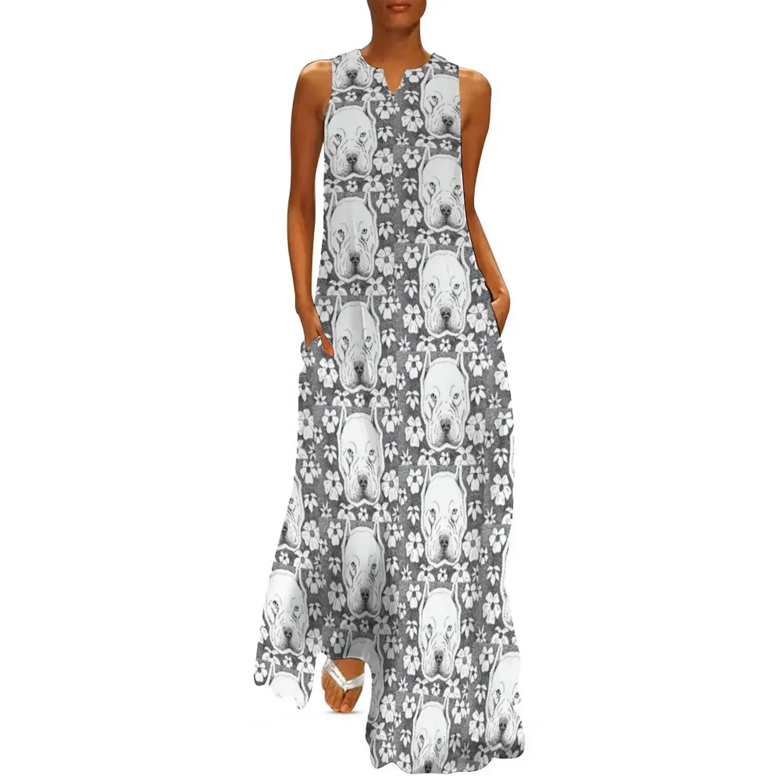 

Pit bull & Flowers Long Dress luxury dresses Casual dresses Woman fashion Evening gown Dress