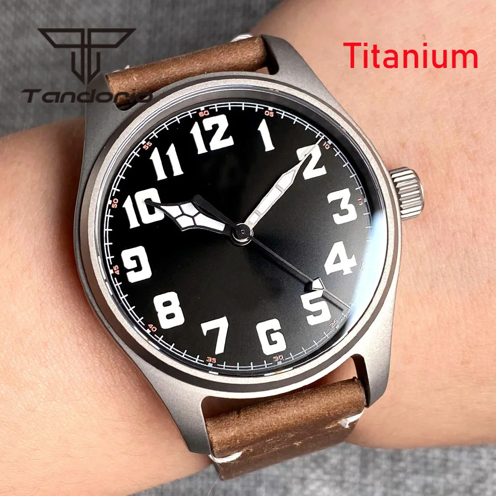 Tandorio Titanium Case Sapphire Glass Light Weight 39mm Pilot 200m Automatic Dive Watch for Men Screw Crown Leather Luminous