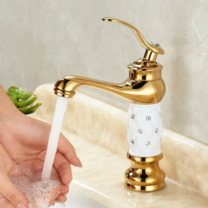 European Bathroom Basin Faucets Gold Mixers Taps Diamond Decoration Chrome Single Handle Hot And Cold Deck Mounted