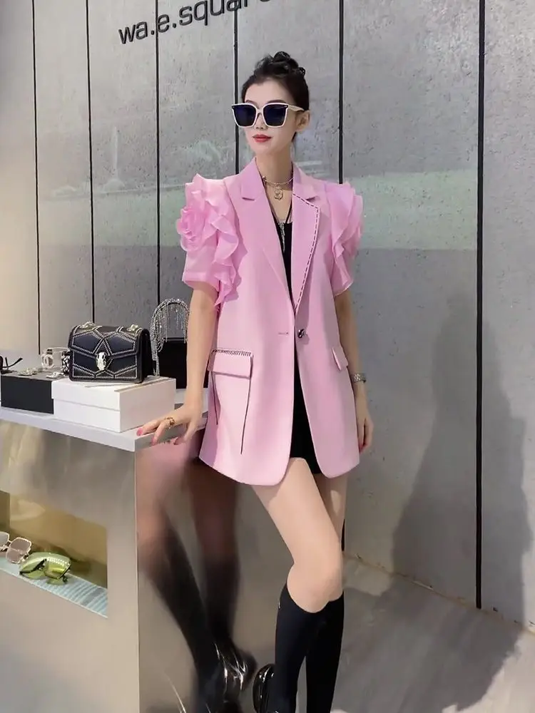 

Luxury Design Women's Clothing Blazer Vest Lace 3D Floral Short-Sleeve Jacket Button Officewear Suits Vests Waistcoat Pink Black