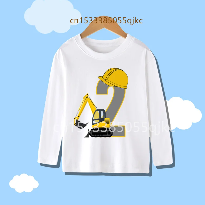 Baby child long-sleeved cartoon excavator birthday number name printing long-sleeved T-shirt children's birthday T-shirt