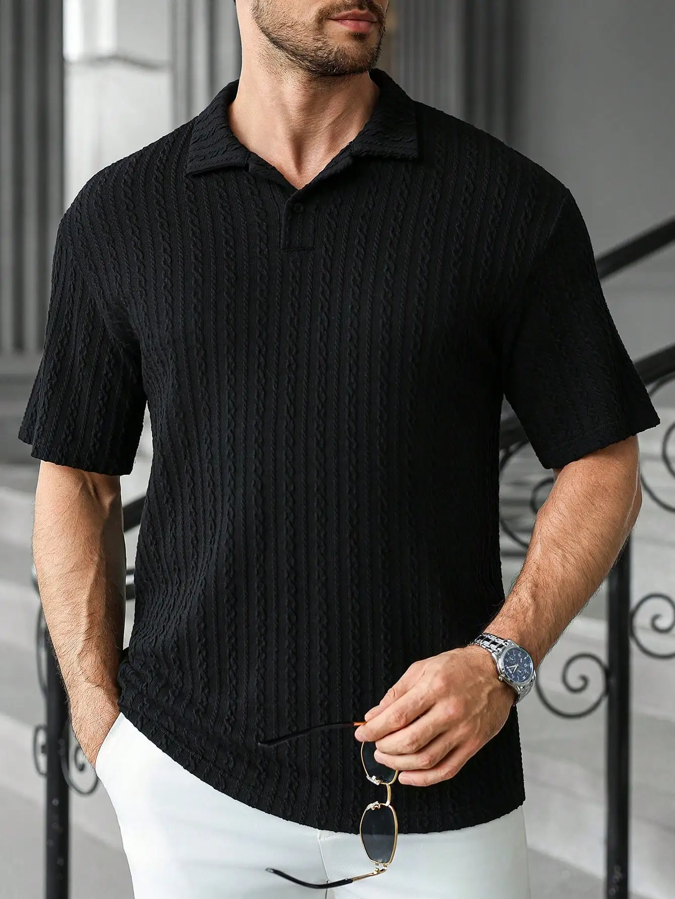 

Мужская черная текстурированная трикотажная рубашка-поло с коротким рукавом, повседневный крой