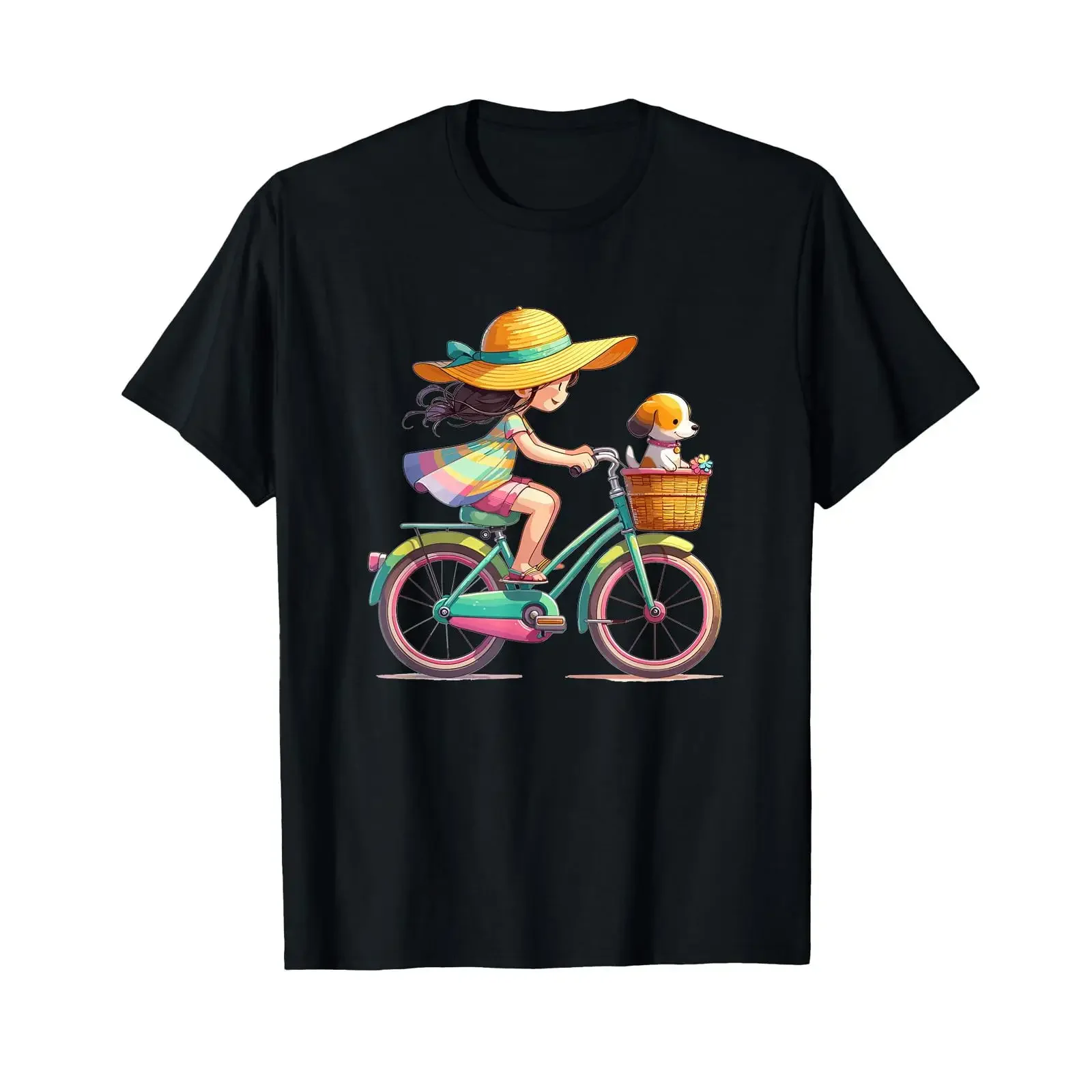 Girl on bicycle with small dog in basket T shirt vintage Washed designer clothes Unisex streetwear Slightly Stretched Casual